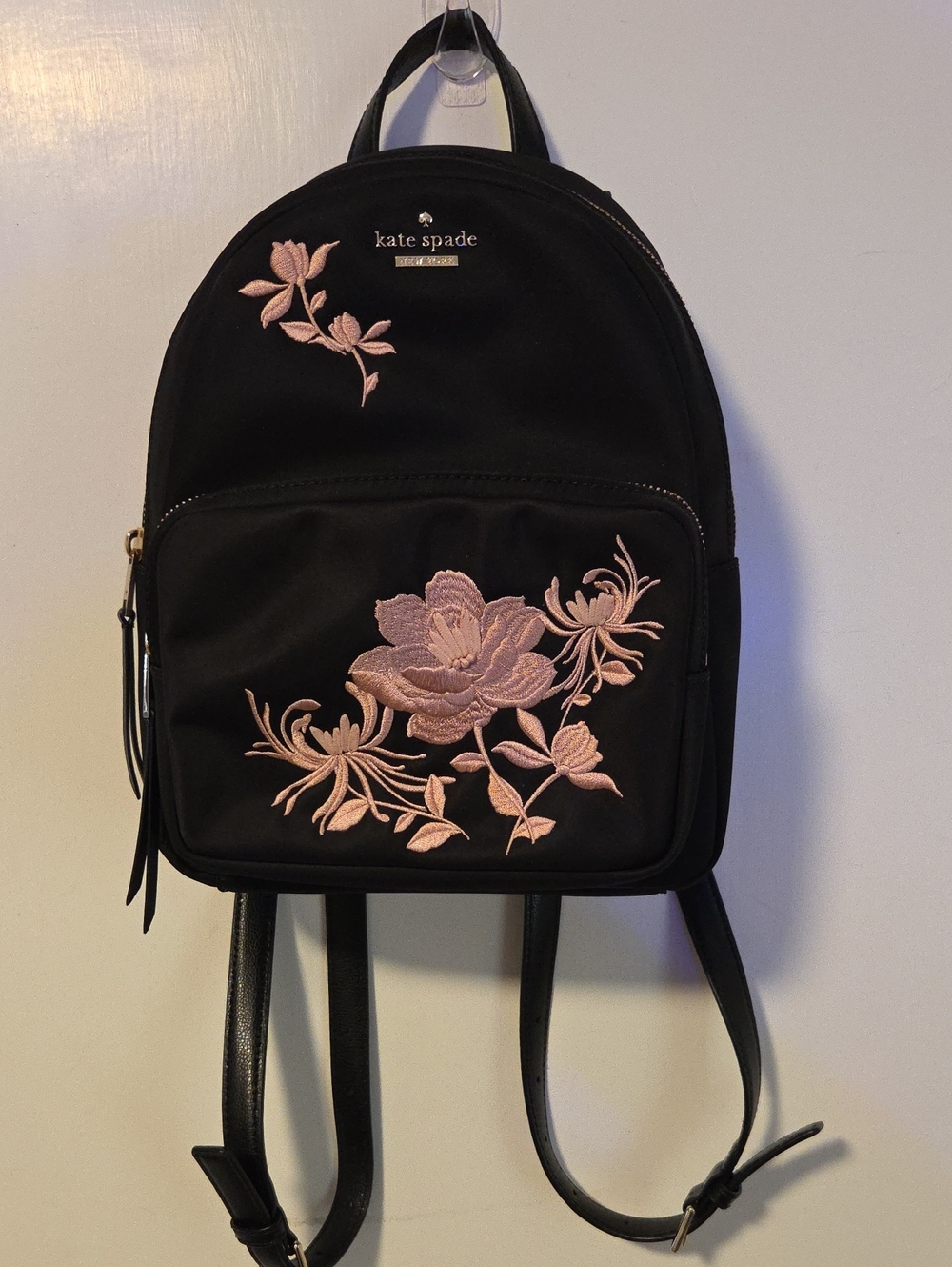 KATE SPADE 2018/2019 Retired DAWN PLACE Black Backpack w/ Pink Floral Embroidery